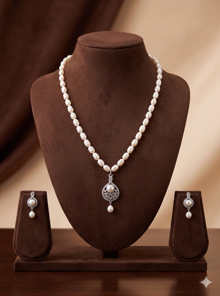 One Line Freshwater Pearl Pendant Necklace Set with Vintage Silver Design | SHOBITAM