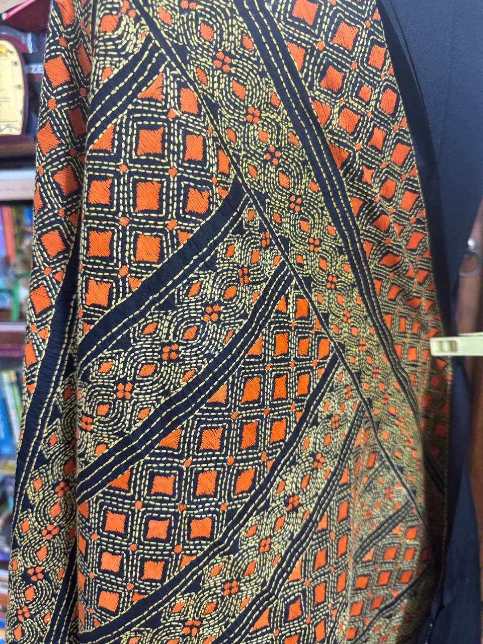 Geometric Design Contrast Hand Kantha Embroidery on Pure Bangalore Silk Black Saree | SILK MARK CERTIFIED | SHOBITAM