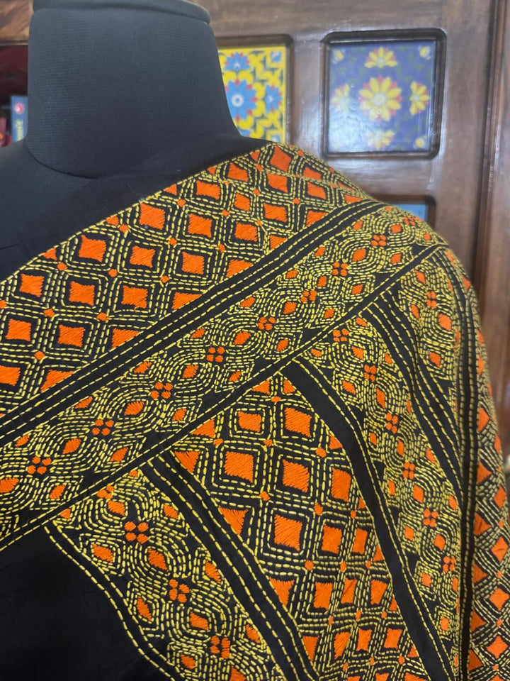Geometric Design Contrast Hand Kantha Embroidery on Pure Bangalore Silk Black Saree | SILK MARK CERTIFIED | SHOBITAM