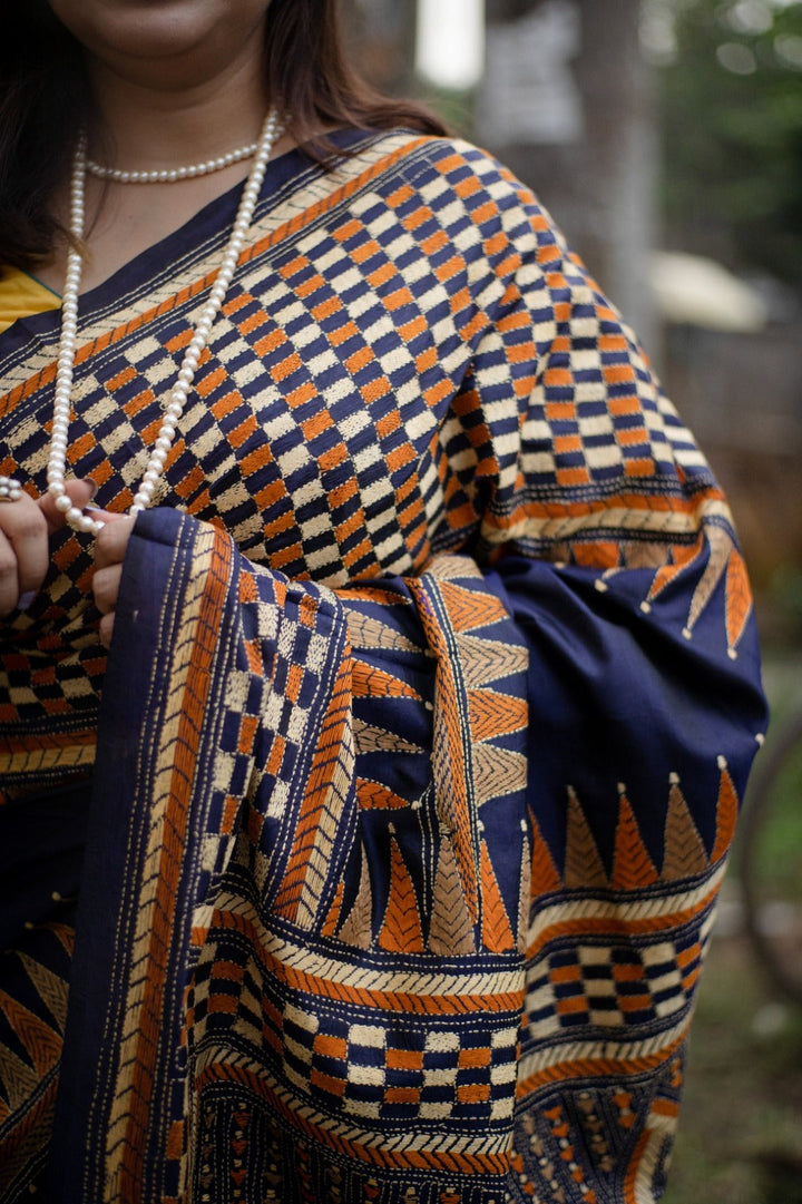 Geometric Design Hand Kantha on Pure Bangalore Silk Saree | SILK MARK CERTIFIED | SHOBITAM