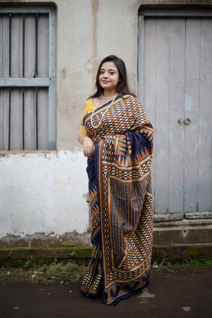 Geometric Design Hand Kantha on Pure Bangalore Silk Saree | SILK MARK CERTIFIED | SHOBITAM