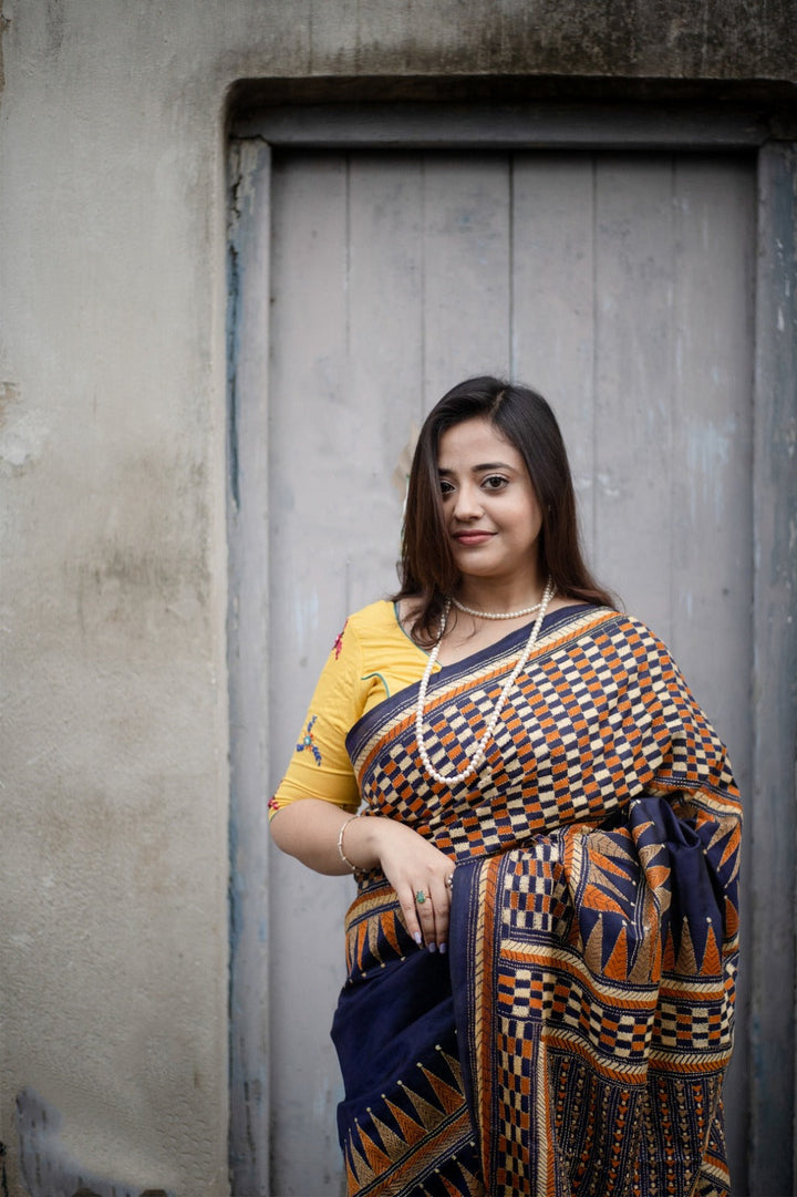 Geometric Design Hand Kantha on Pure Bangalore Silk Saree | SILK MARK CERTIFIED | SHOBITAM
