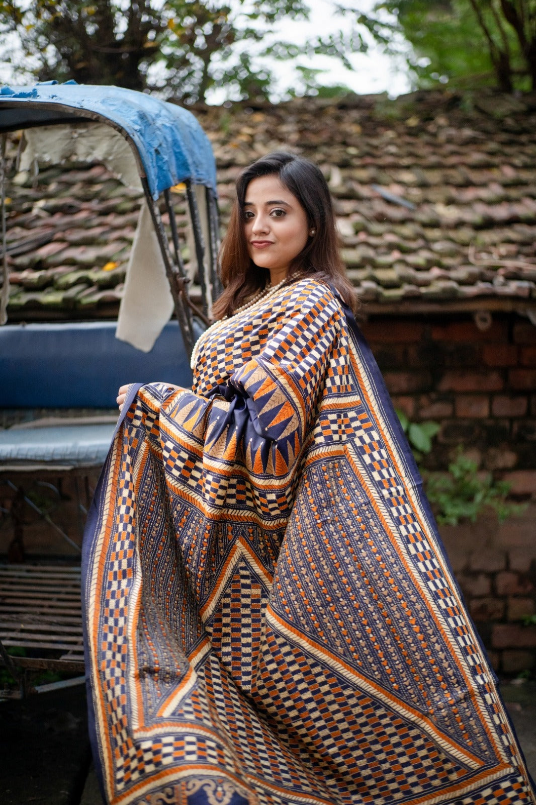 Geometric Design Hand Kantha on Pure Bangalore Silk Saree | SILK MARK CERTIFIED | SHOBITAM