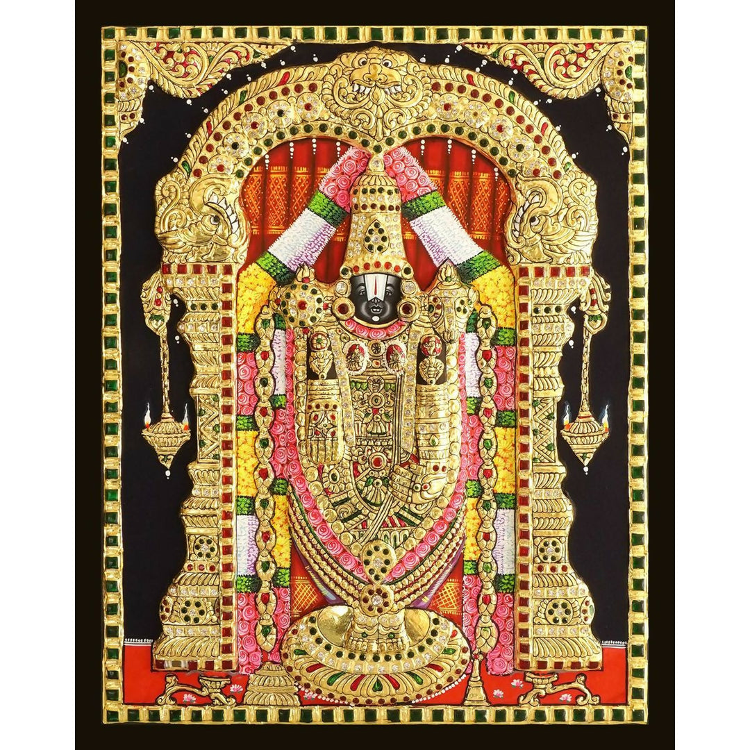 16*20 Authentic TANJORE PAINTING BALAJI With 22 Ct gold Foil and Jaipur Gemstones,Unframed | SHOBITAM