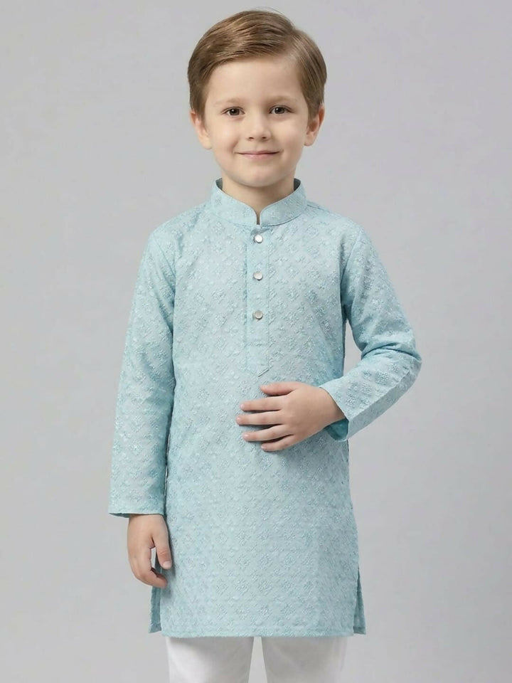 Boys Teal Textured Kurta Pajama Set | Ethnic Wear for Kids | SHOBITAM
