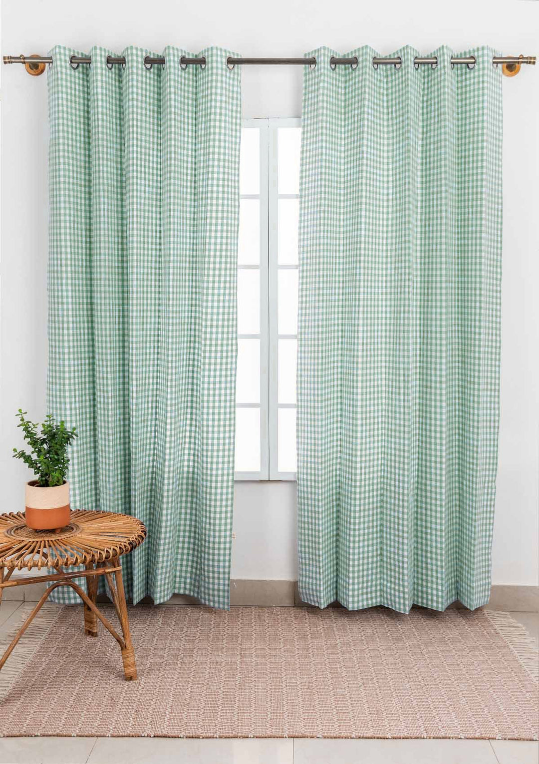 Gingham Woven 100% cotton geometric curtain for living room - Light Reduction - Sage Green - Single Piece | SHOBITAM