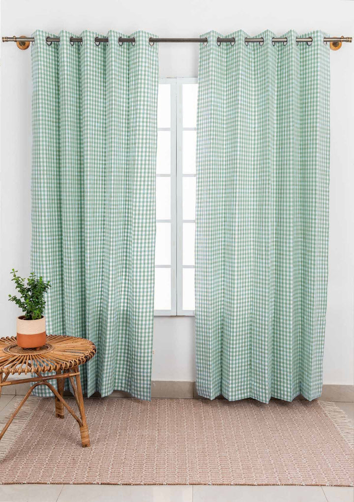 Gingham Woven 100% cotton geometric curtain for living room - Light Reduction - Sage Green - Single Piece | SHOBITAM