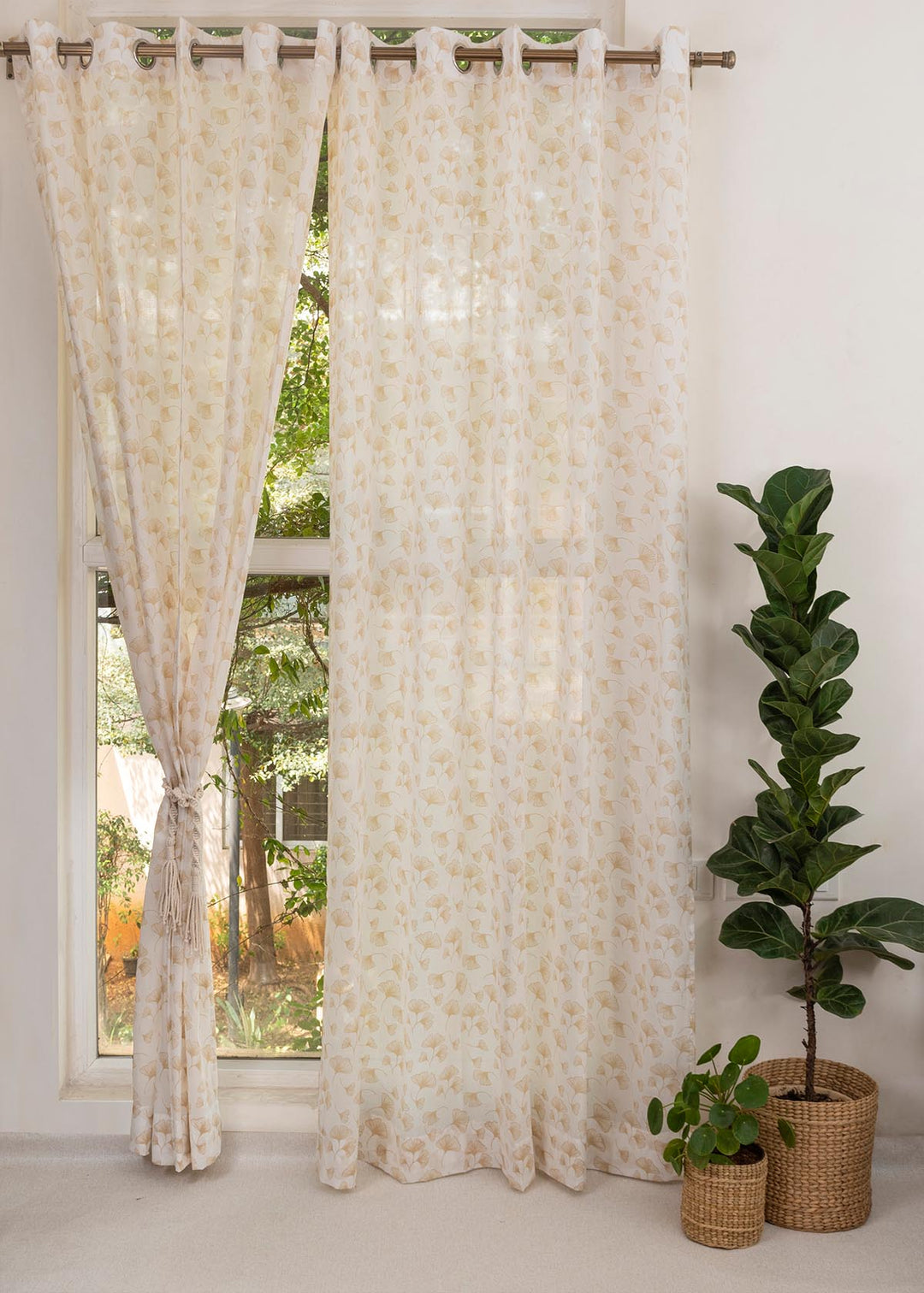 Gingko Beige 100% cotton sheer floral curtain for living room - Light filtering - Single Piece  | SHOBITAM