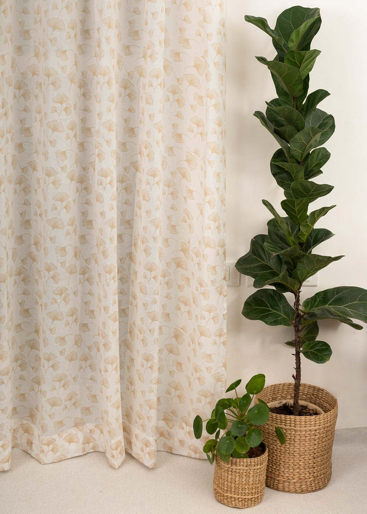 Gingko Beige 100% cotton sheer floral curtain for living room - Light filtering - Single Piece  | SHOBITAM