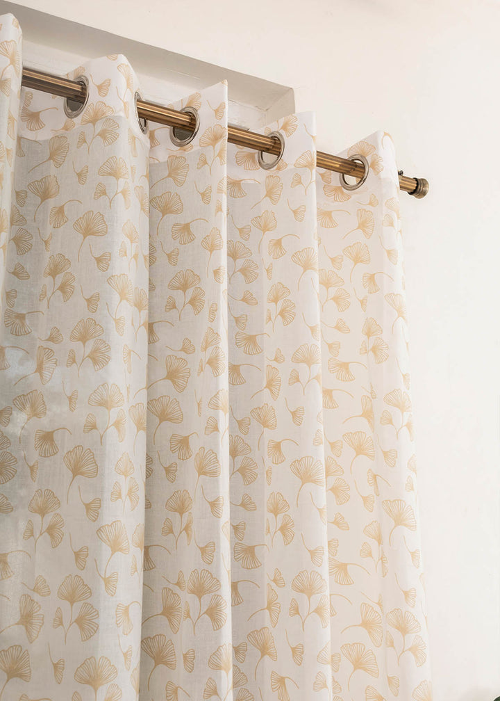 Gingko Beige 100% cotton sheer floral curtain for living room - Light filtering - Single Piece  | SHOBITAM