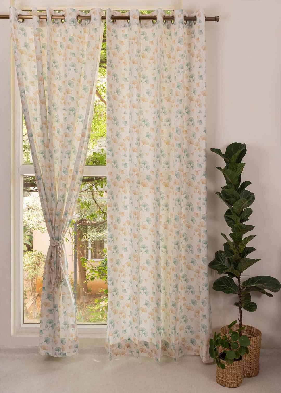 Gingko Nile Blue 100% cotton floral curtain for living room - Light Reduction - Single Piece | SHOBITAM