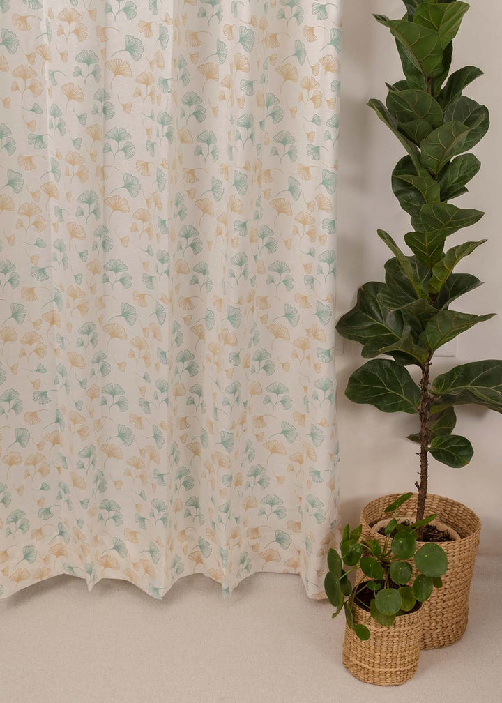 Gingko Nile Blue 100% cotton floral curtain for living room - Light Reduction - Single Piece | SHOBITAM