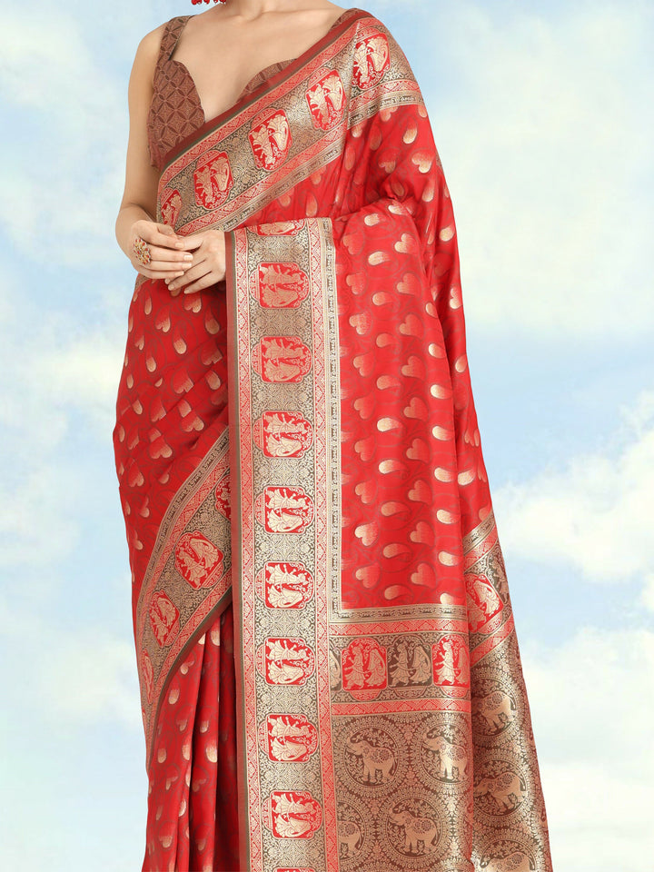 Red Color Weaving Semi Banarasi Silk Saree| SHOBITAM