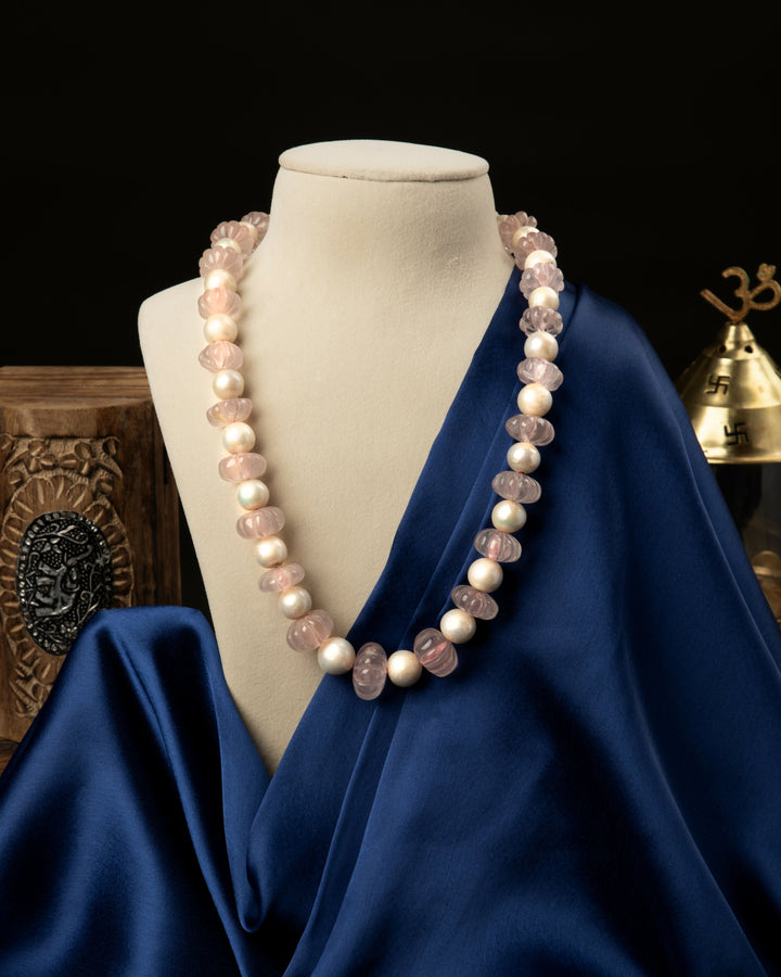 Udaipur Rose Quartz & Pearl Mala Necklace  | SHOBITAM