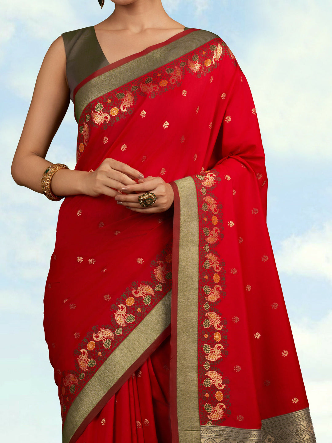 Red Banarasi Silk Blend Saree | SHOBITAM