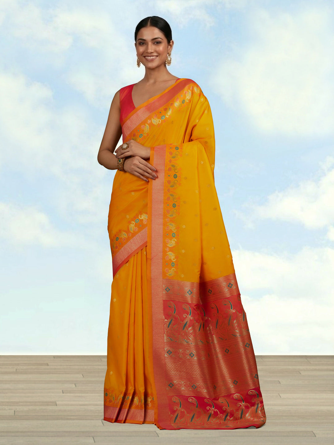Yellow Banarasi Silk Blend Saree | SHOBITAM