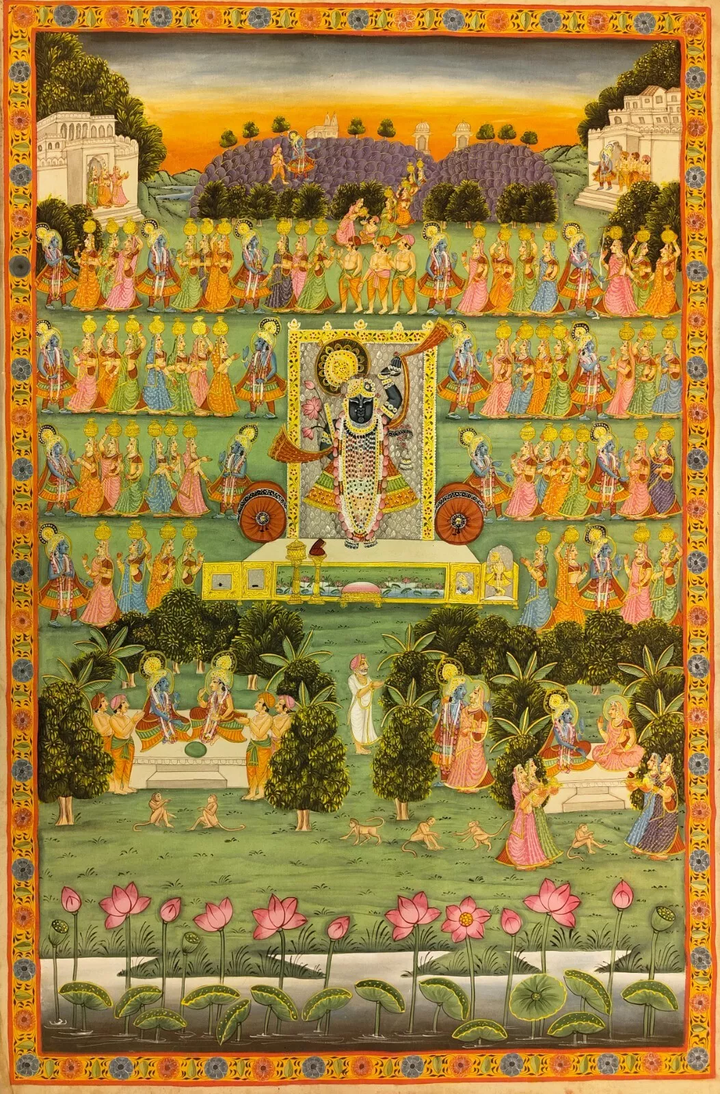 3x4 feet Authentic Jaipur Painting Shreenath ji and Gopi Raas  | SHOBITAM