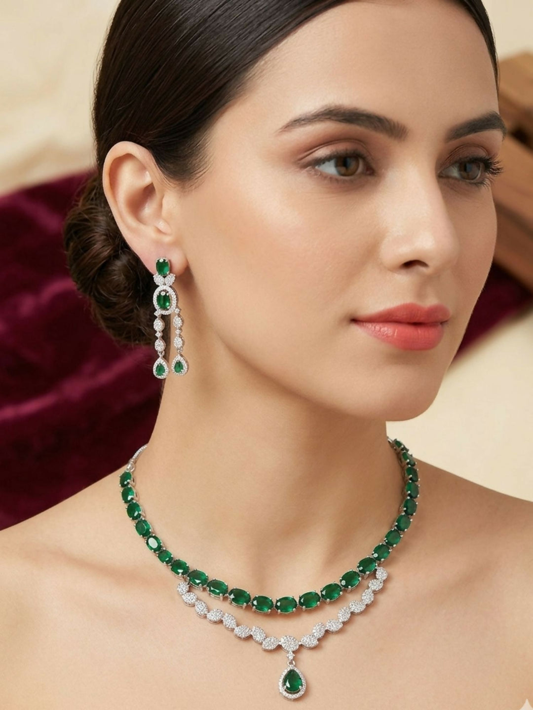 Silver Plated Green American Diamond Necklace Set | SHOBITAM