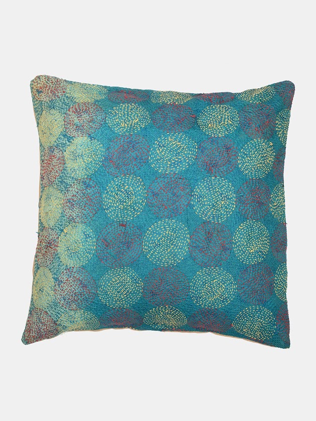 Grey Green Kantha Silk Reversible Cushion Cover - Pack of 1 | SHOBITAM