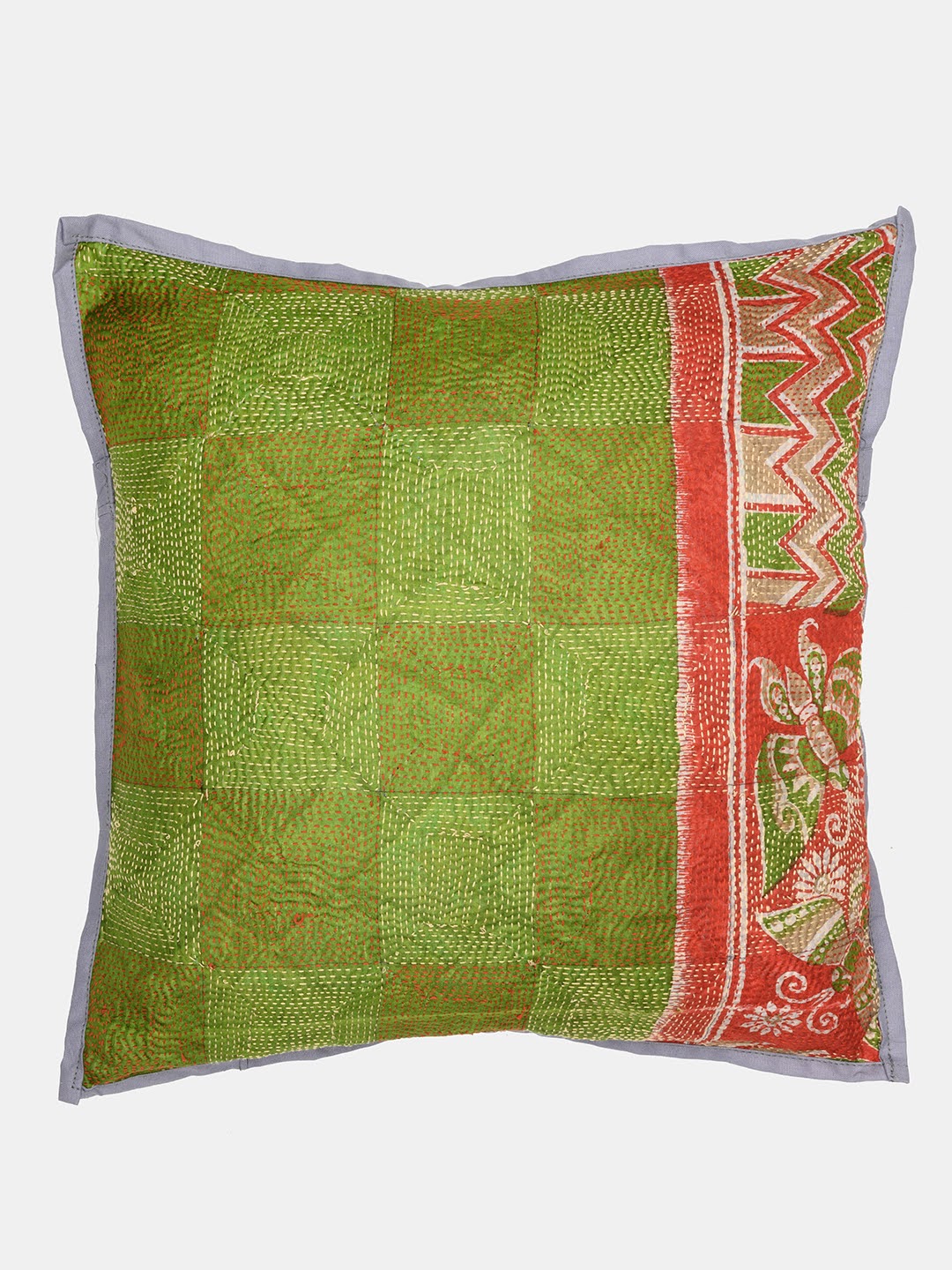 Green Grey Kantha Silk Reversible Cushion Cover - Pack of 1 | SHOBITAM