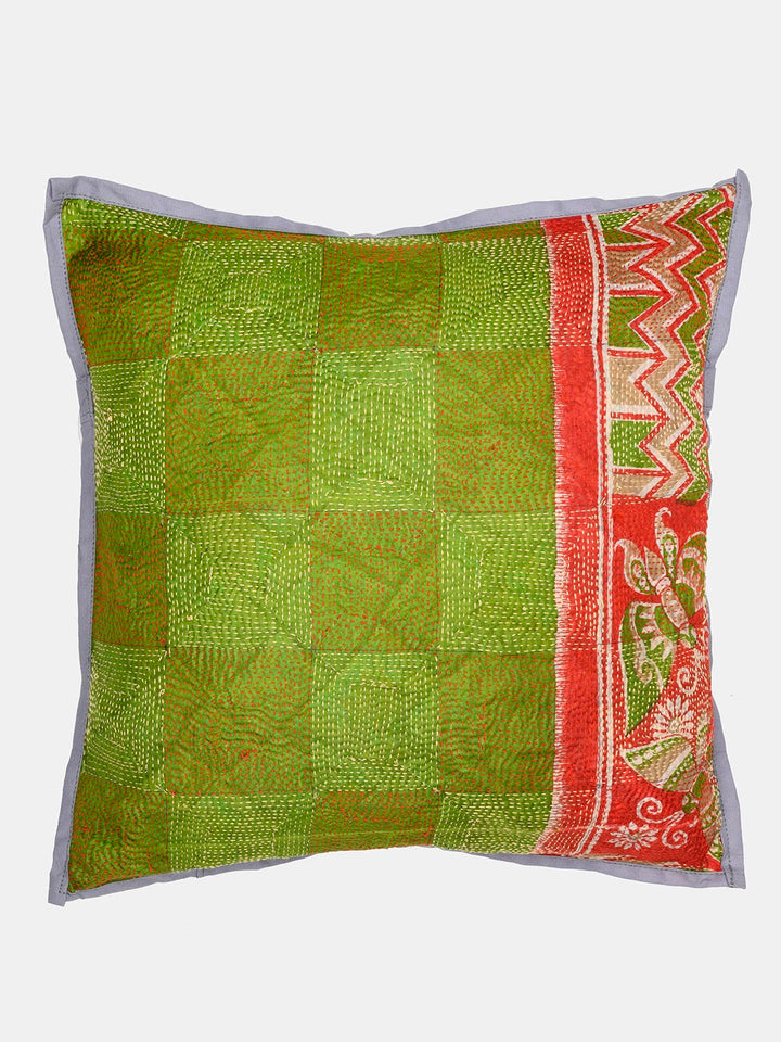 Green Grey Kantha Silk Reversible Cushion Cover - Pack of 1 | SHOBITAM