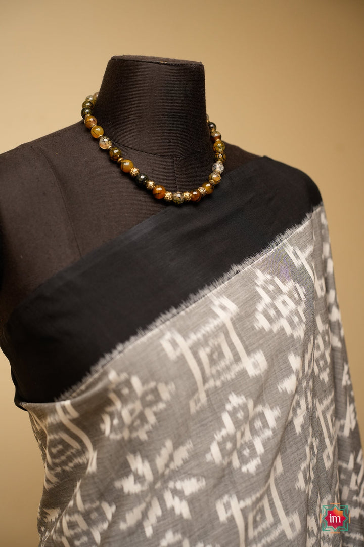 Grey With Black Ikkat Cotton Saree Cloudy Wonder | SHOBITAM