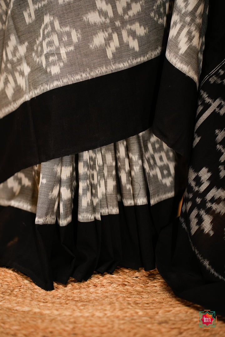 Grey With Black Ikkat Cotton Saree Cloudy Wonder | SHOBITAM
