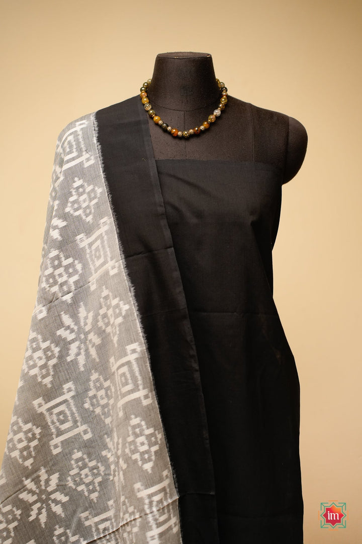 Grey With Black Ikkat Cotton Saree Cloudy Wonder | SHOBITAM
