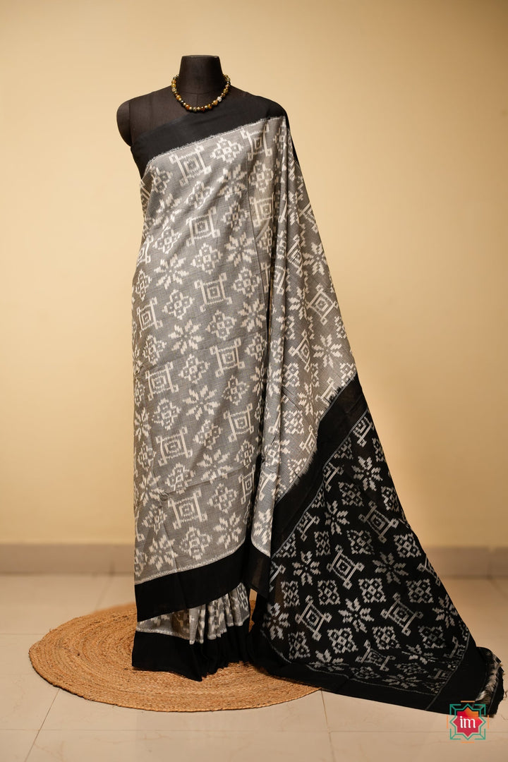 Grey With Black Ikkat Cotton Saree Cloudy Wonder | SHOBITAM