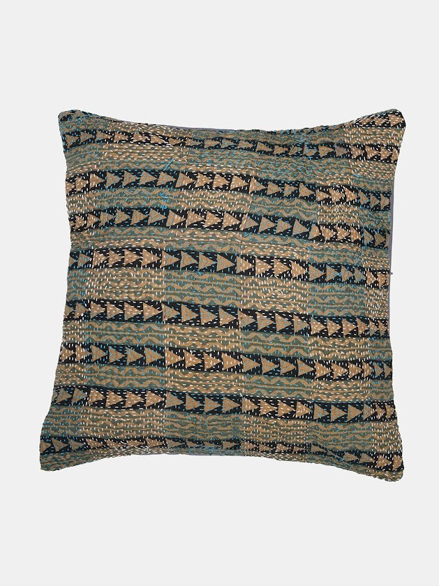 Grey Cream Kantha Silk Reversible Cushion Cover - Pack of 1 | SHOBITAM