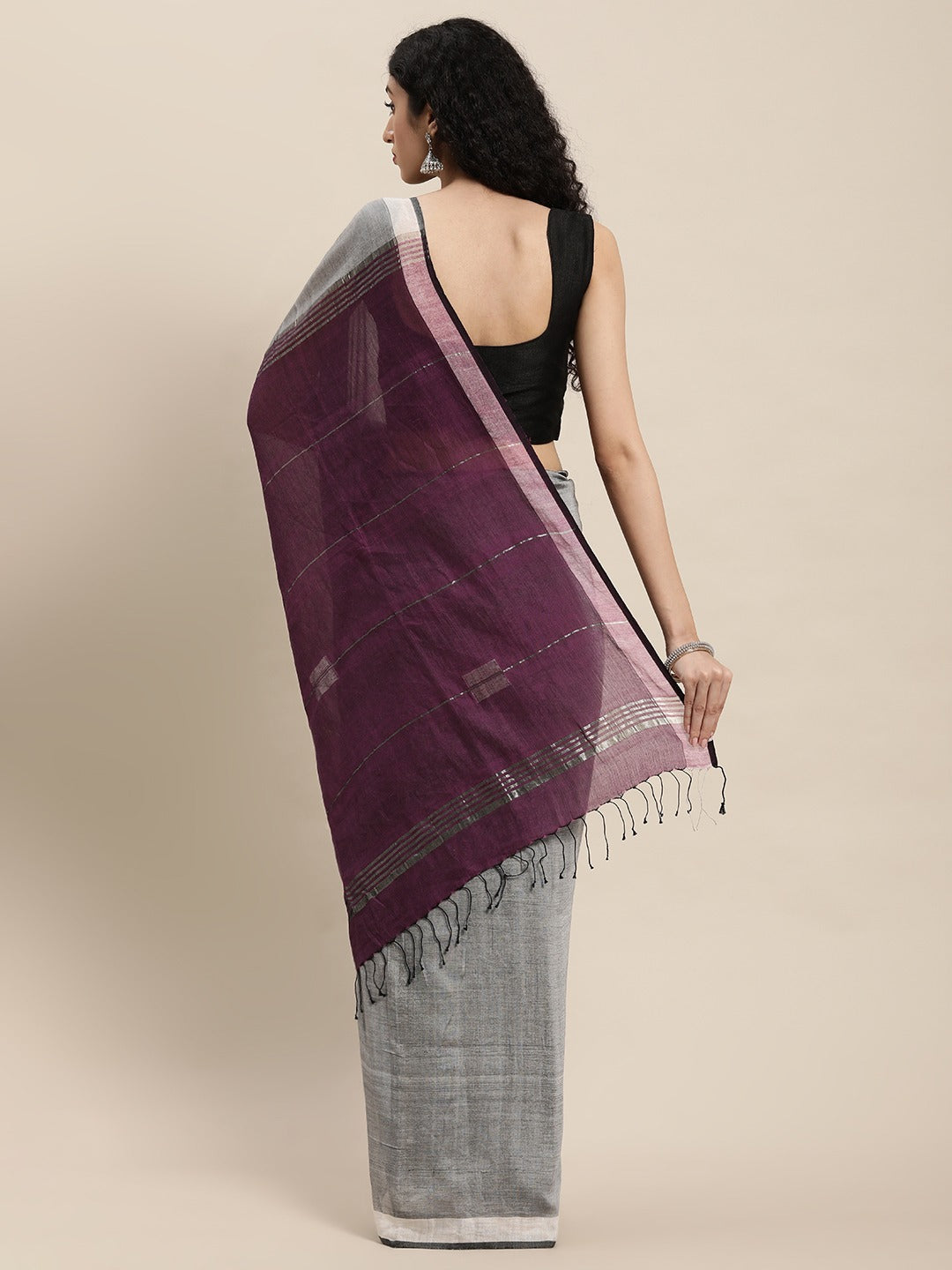 Gray Handloom Zari Border Jamdani Cotton Saree, No Blouse Piece