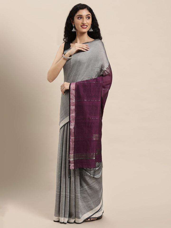 Gray Handloom Zari Border Jamdani Cotton Saree, No Blouse Piece