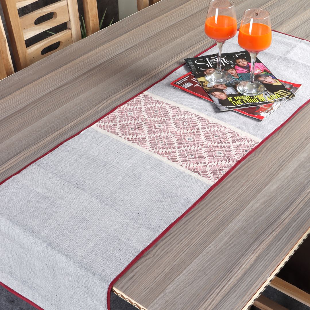 Grey Maroon Dhuniya Cotton Table Runner | SHOBITAM