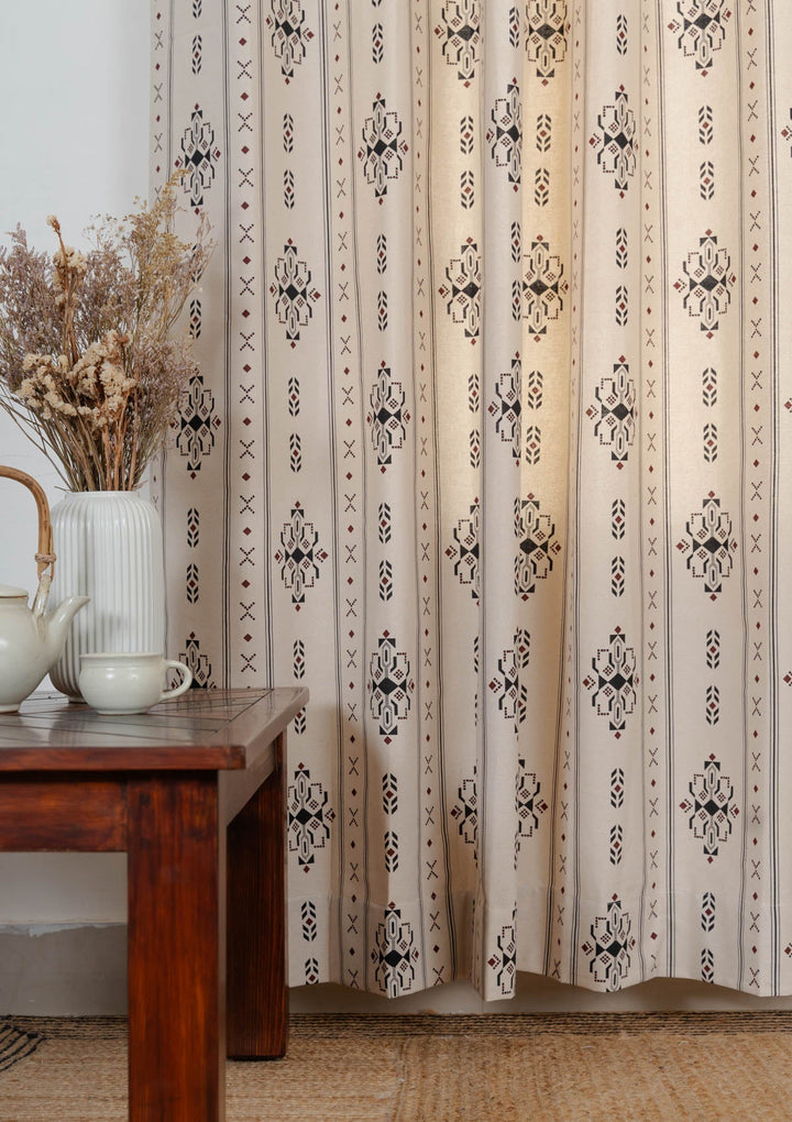 Gypsy 100% cotton geometric curtain for living room - Room darkening - Black - Single - Single Piece | SHOBITAM