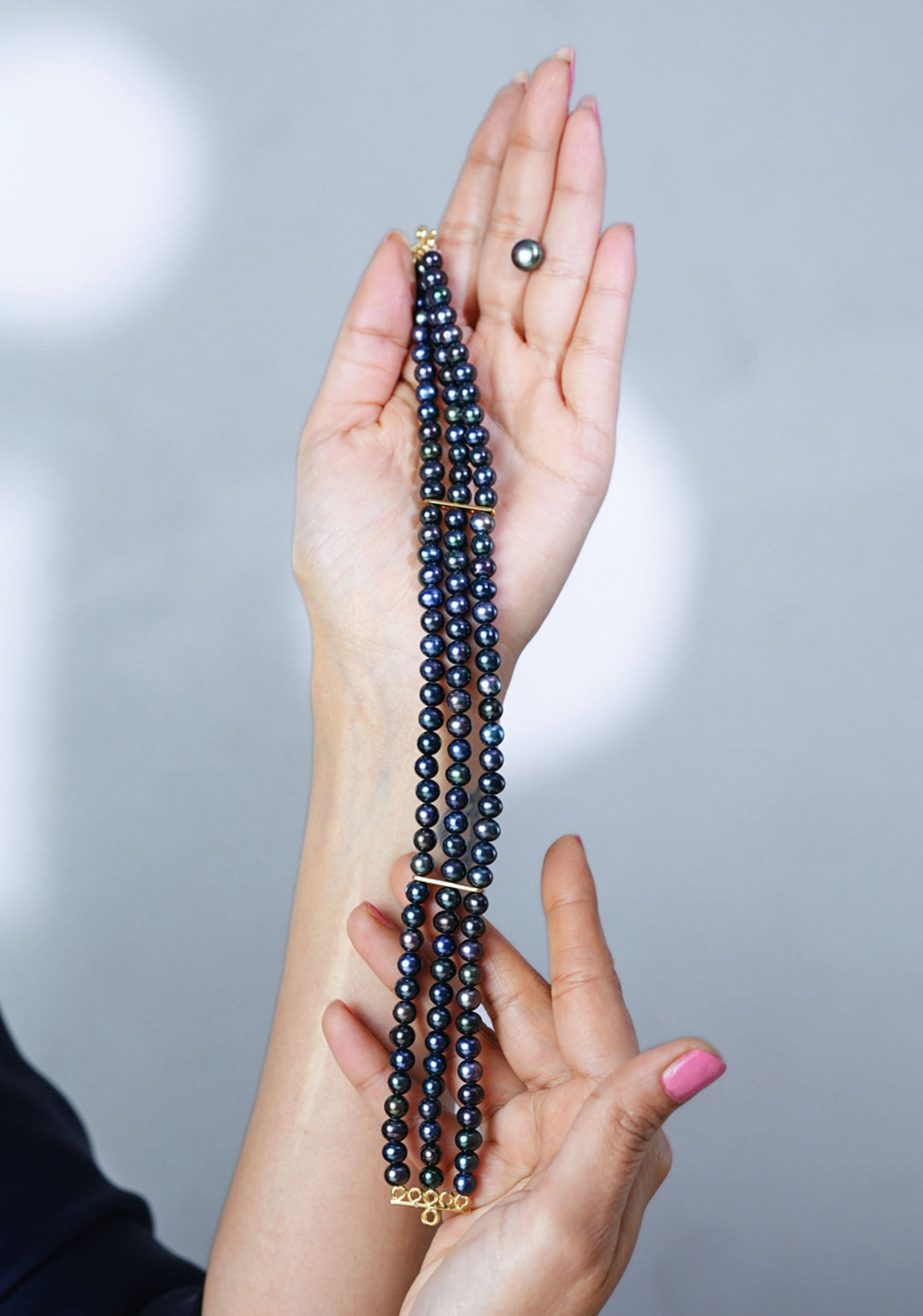 Midnight Elegance: Blue Black Three Strand Pearl Choker and Single Pearl Stud Earrings Set