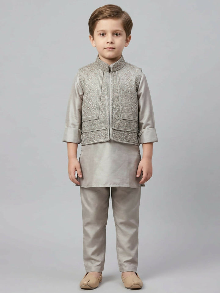 Boys Grey Kurta Pajama Set with Printed Nehru Jacket | SHOBITAM