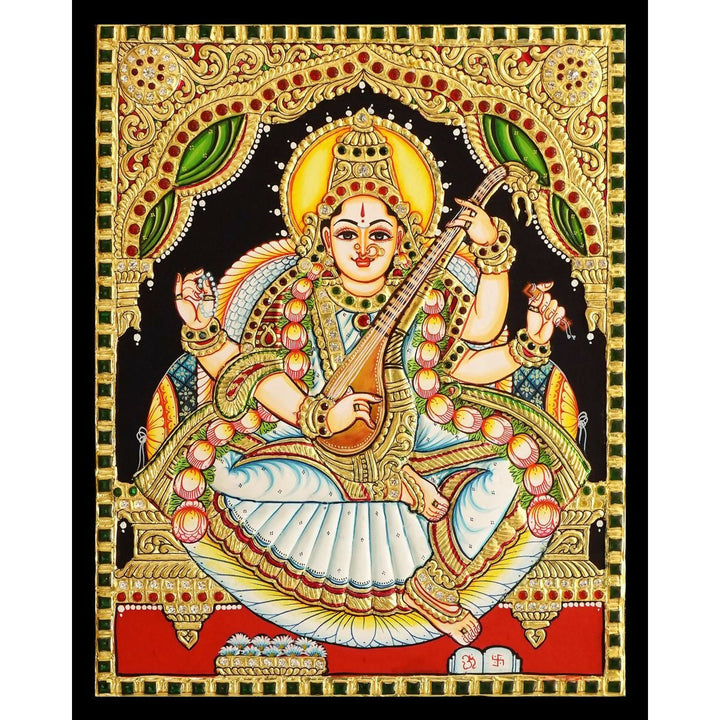15*12" Saraswathi Tanjore painting Authentic with 22 Ct Gold Foil and Jaipur Gemstones, Unframed | SHOBITAM