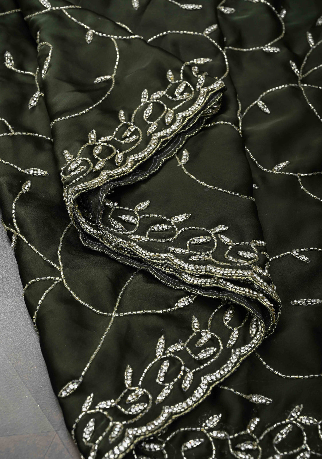 Deep Olive Green machine embroidered Satin Saree with Sequins, Cutdana Stone Work Jaal and Scallop Border