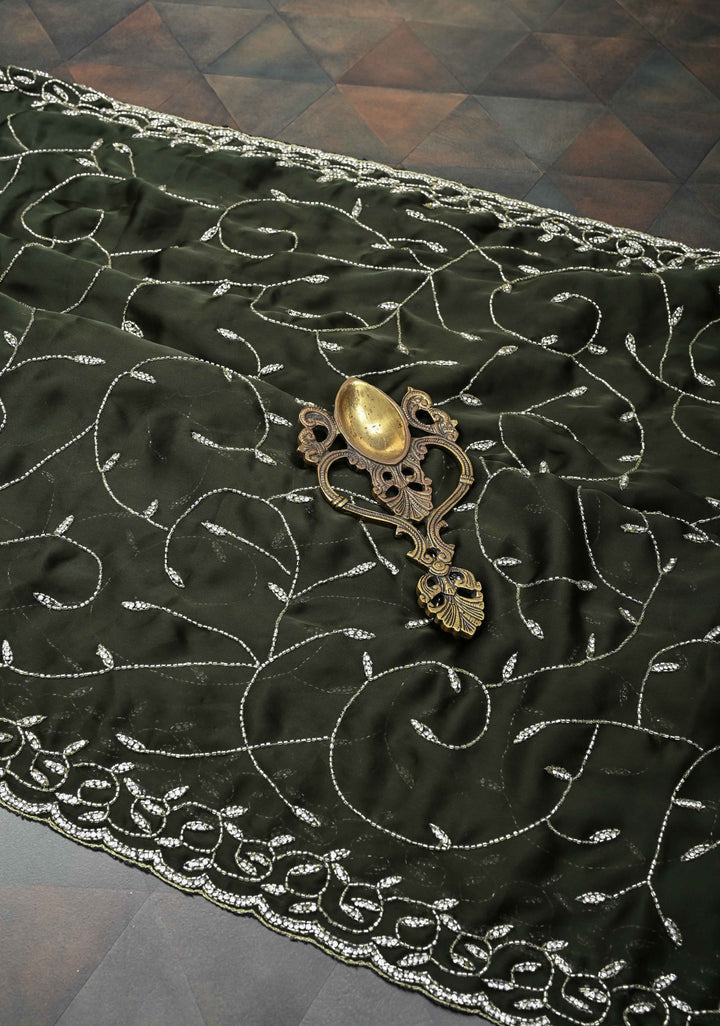 Deep Olive Green machine embroidered Satin Saree with Sequins, Cutdana Stone Work Jaal and Scallop Border