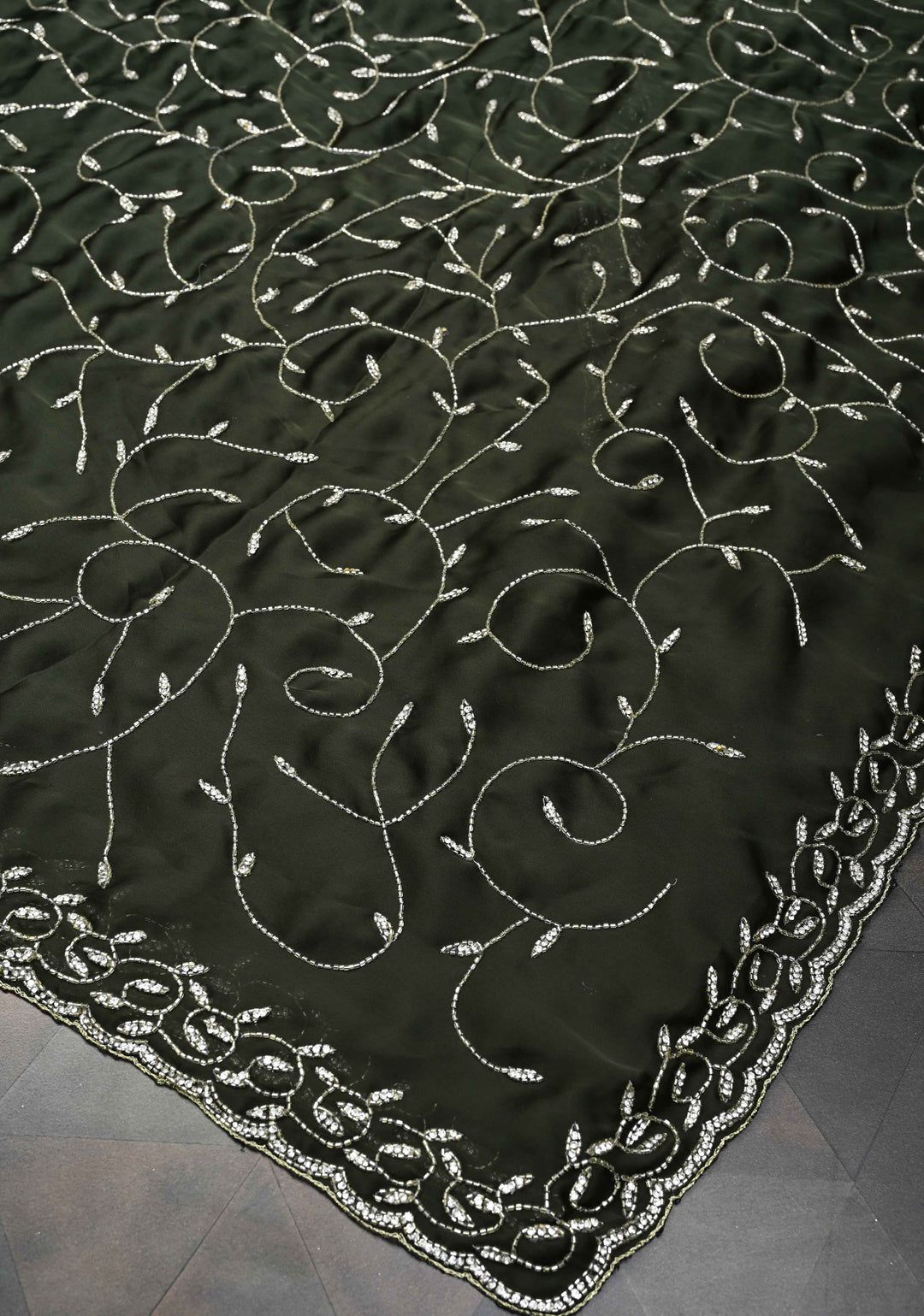 Deep Olive Green machine embroidered Satin Saree with Sequins, Cutdana Stone Work Jaal and Scallop Border