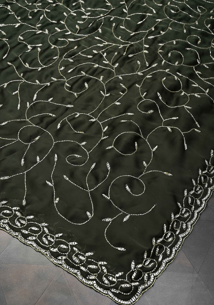 Deep Olive Green machine embroidered Satin Saree with Sequins, Cutdana Stone Work Jaal and Scallop Border