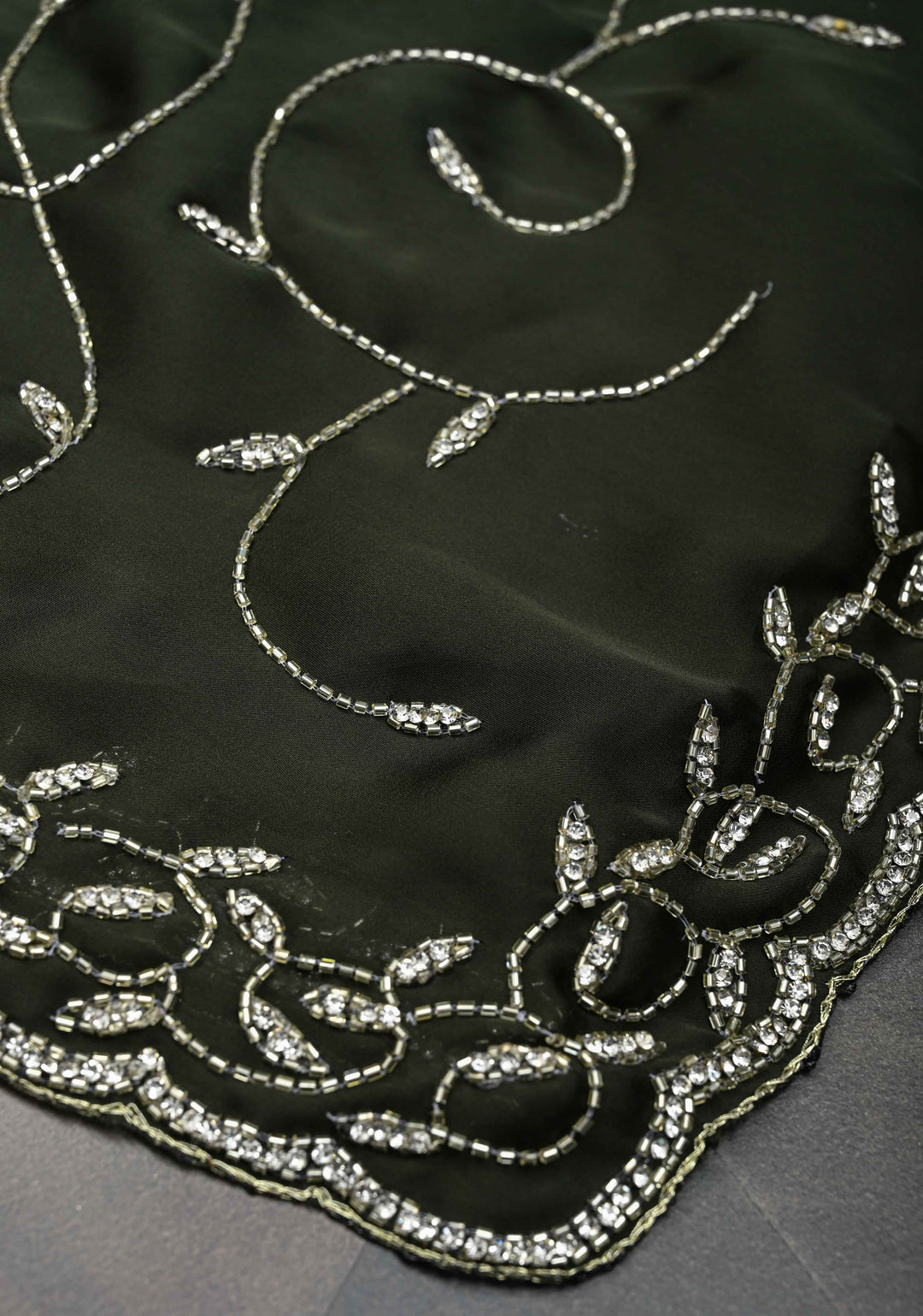 Deep Olive Green machine embroidered Satin Saree with Sequins, Cutdana Stone Work Jaal and Scallop Border