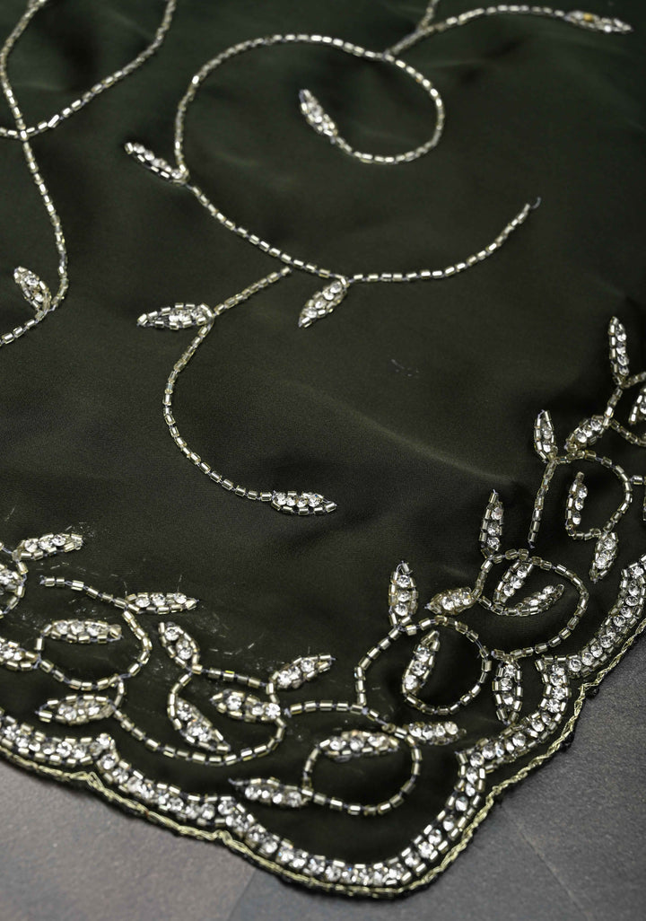 Deep Olive Green machine embroidered Satin Saree with Sequins, Cutdana Stone Work Jaal and Scallop Border