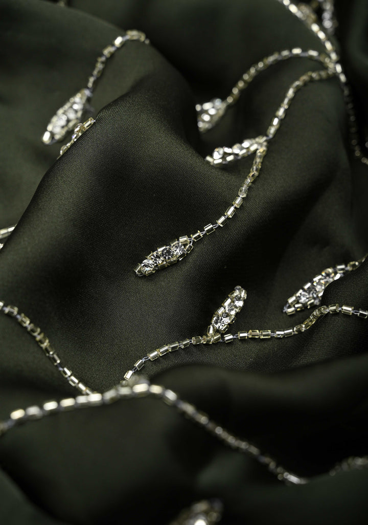 Deep Olive Green machine embroidered Satin Saree with Sequins, Cutdana Stone Work Jaal and Scallop Border