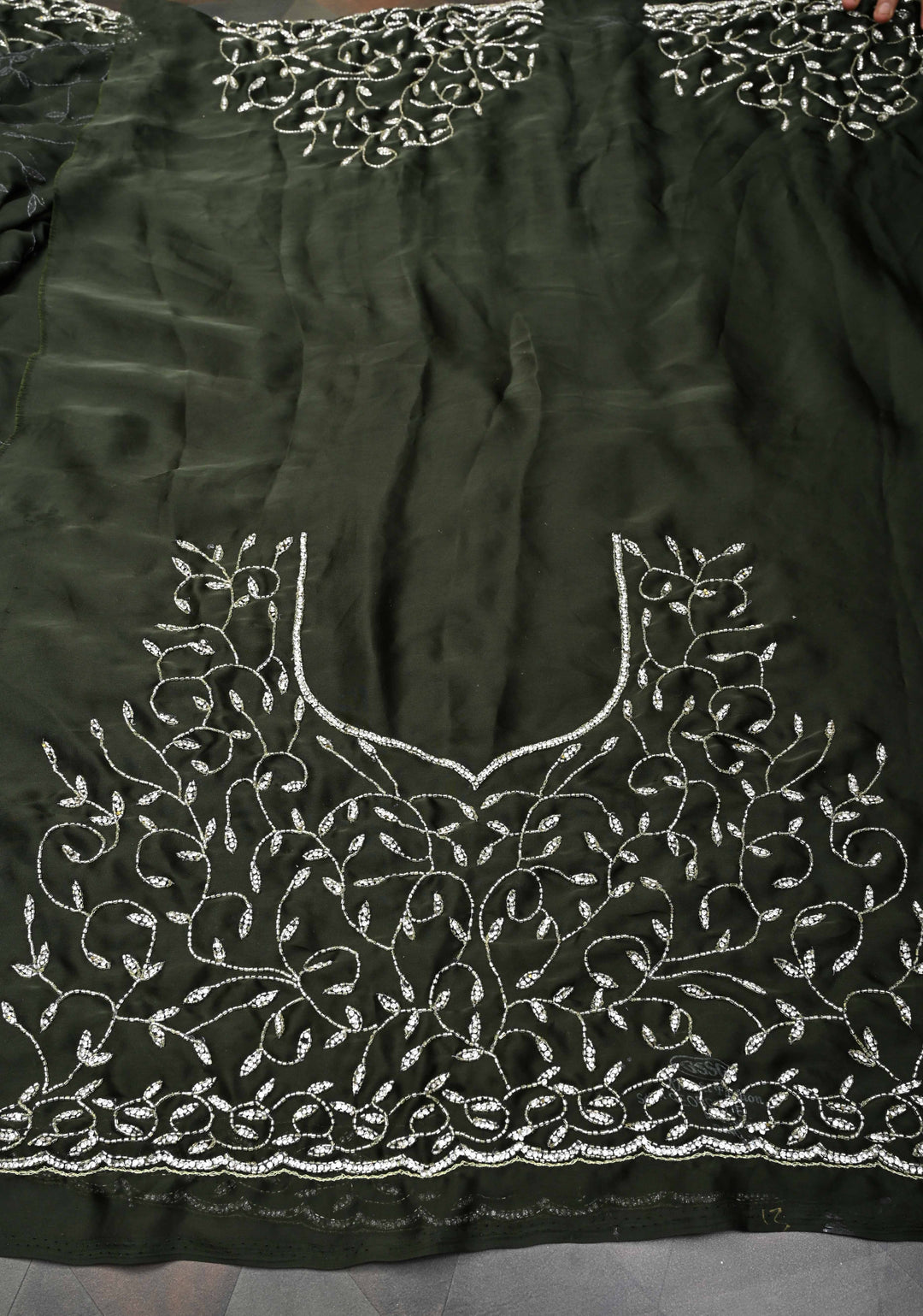 Deep Olive Green machine embroidered Satin Saree with Sequins, Cutdana Stone Work Jaal and Scallop Border