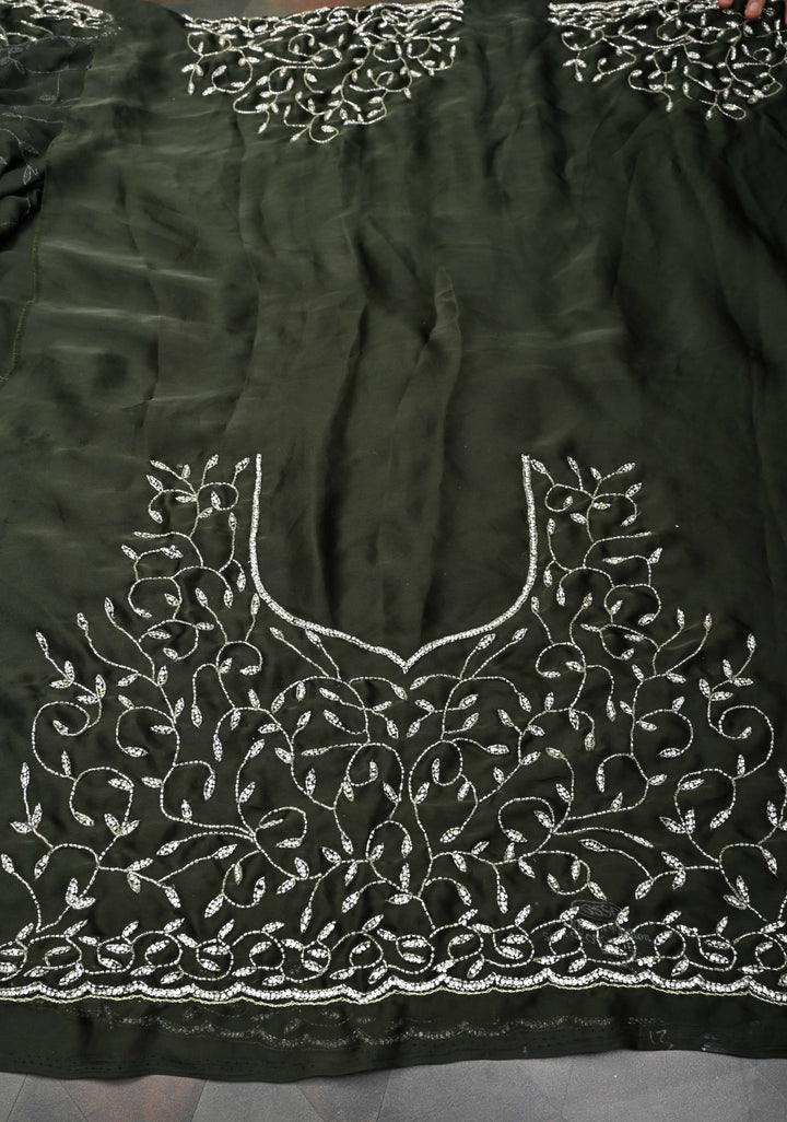 Deep Olive Green machine embroidered Satin Saree with Sequins, Cutdana Stone Work Jaal and Scallop Border