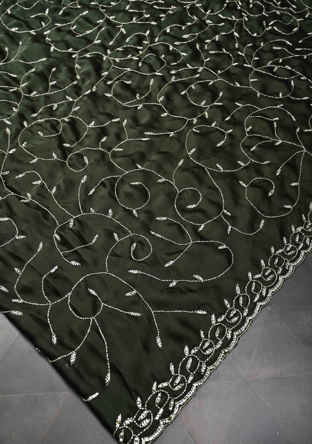 Deep Olive Green machine embroidered Satin Saree with Sequins, Cutdana Stone Work Jaal and Scallop Border