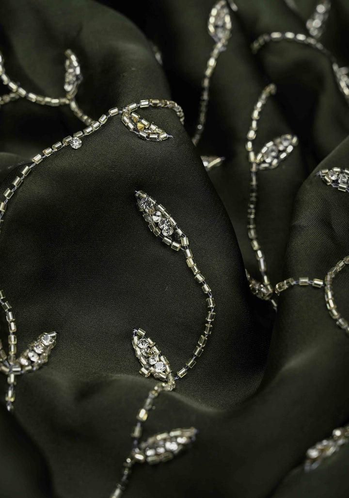 Deep Olive Green machine embroidered Satin Saree with Sequins, Cutdana Stone Work Jaal and Scallop Border