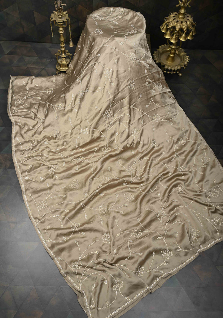 Stunning Taupe satin Georgette with tone on tone stones floral jaal