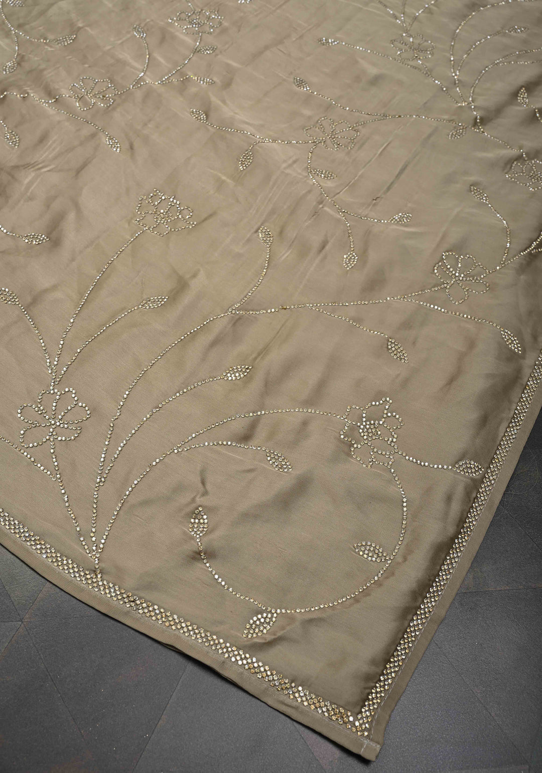 Stunning Taupe satin Georgette with tone on tone stones floral jaal